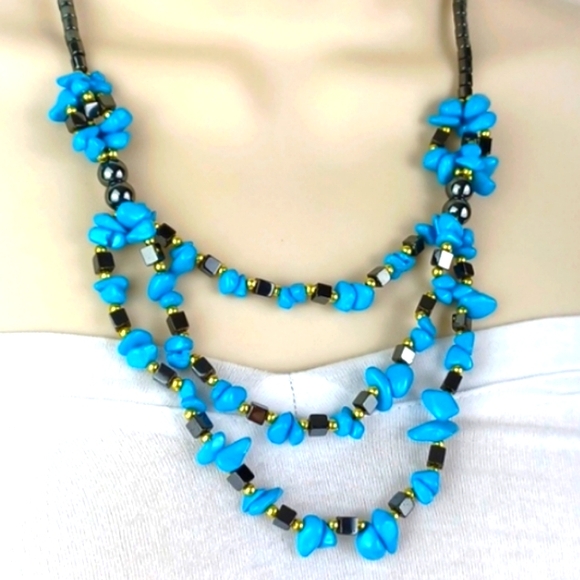 Beachy Boho Black Gold & Turquoise Blue Very Glass/Stone Like Beaded 3 Layer Ne… - Picture 10 of 10